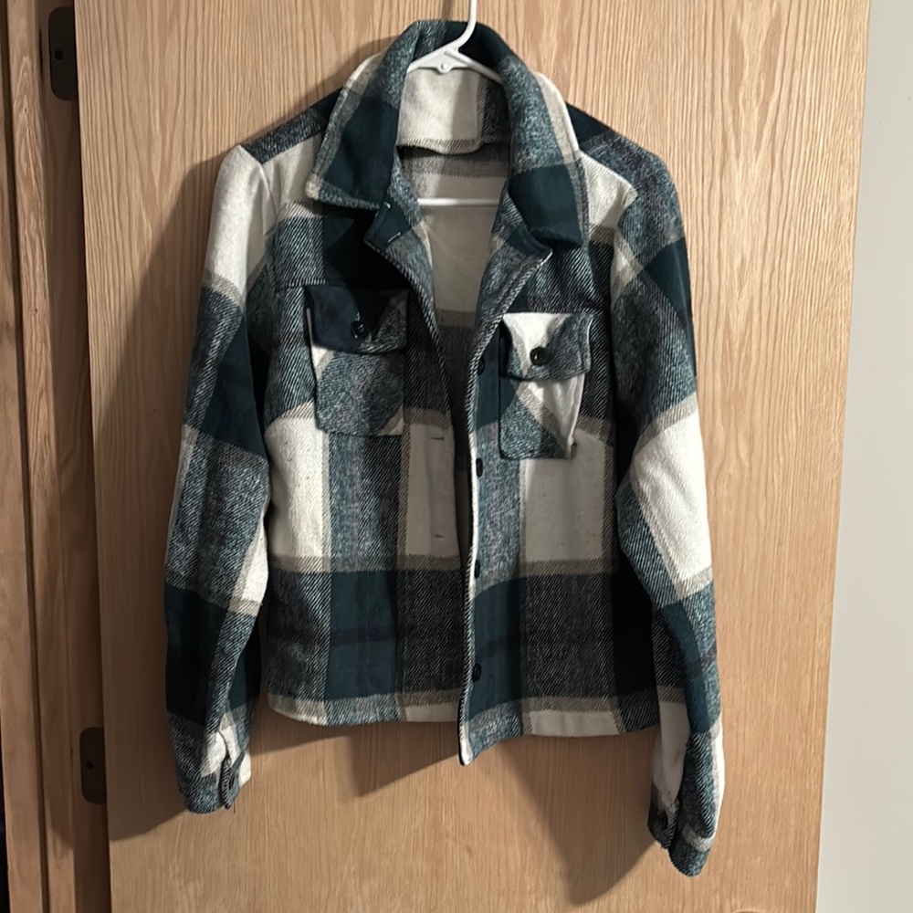 SHEIN Green and White Shirt Jacket